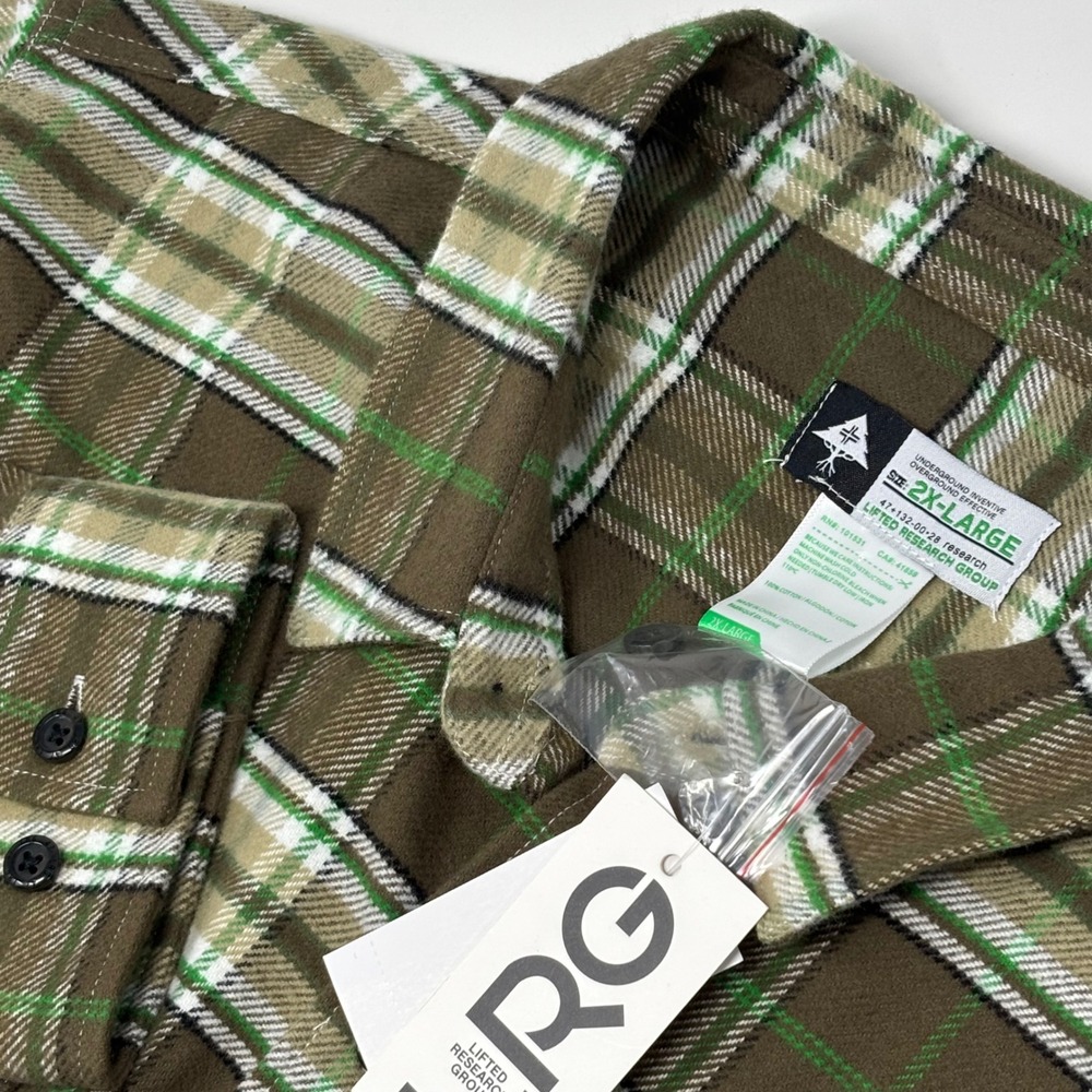 LRG Heavy Flannel Shirt Mens 2XL Green Brown Plaid Overshirt Streetwear - Picture 1 of 6